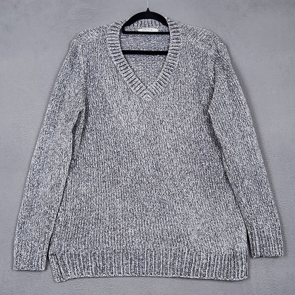 Orvis Sweater Womens Large Gray 100% Polyester V Neck Chunky Knit Ribbed